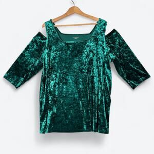 Catherines Emerald Green Crushed Velvet Top Women's 18/20W‎ Cold Shoulder Fairy